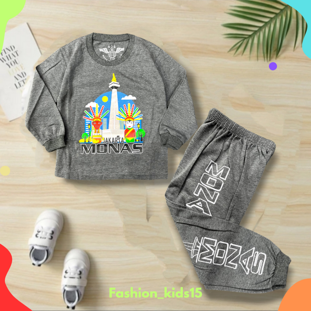 baju lengan panjang anak laki gambar monas usia 1-10 tahun/setelan ondel ondel motif terbaru