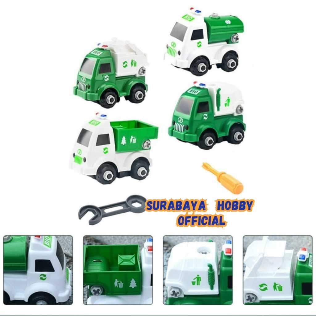 Mainan Edukasih Motorik Anak Laki-Laki Merakit Berbagai Macam Truck Sampah BP 8090 Set Obeng Dan Kun