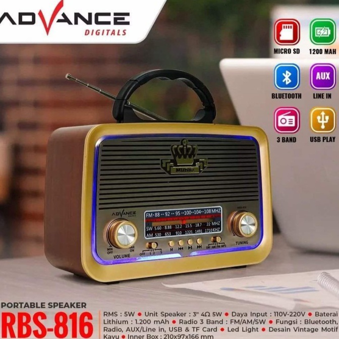 KODE R1J4 Radio Klasik Radio Jadul ADVANCE RBS 816 Portable Speaker Bluetooth Speaker Dengan Senter 