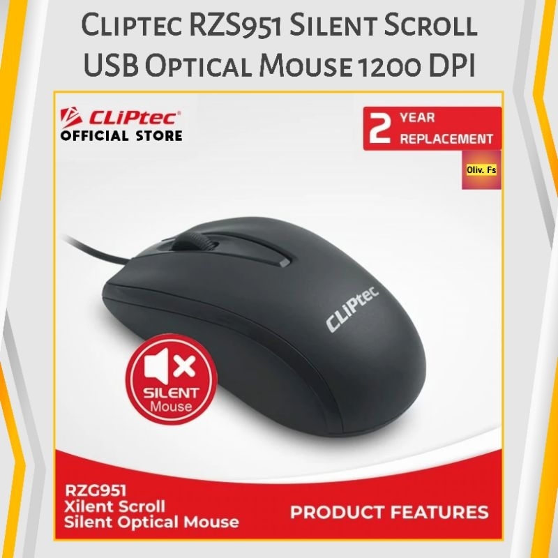 Cliptec RZS951 Silent Scroll USB Optical Mouse 1200DPI Hitam