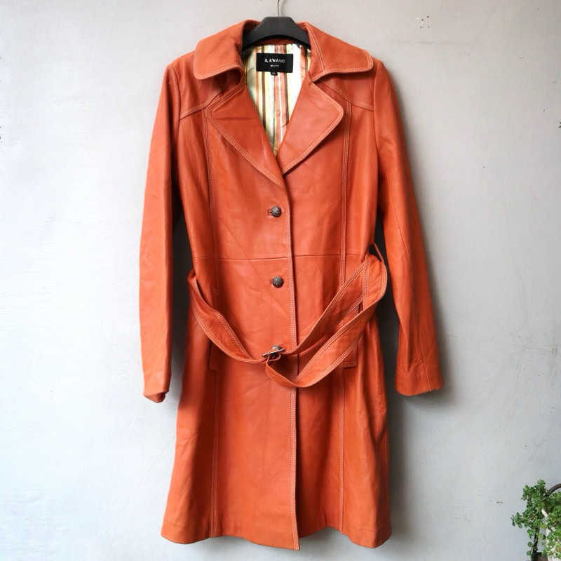 Jaket kulit asli cewek wanita long coat mantel tunik leather jacket Pl bekas preloved second