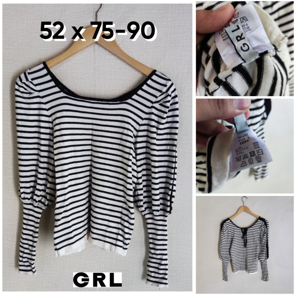 Sweater Crop GRL Salur Hitam Putih Size S Wanita Atasan Cewek Outer Tali Depan Kancing Bahu ED843