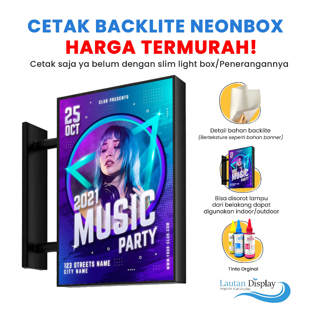 Cetak Banner Spanduk Backlite Neonbox Bahan Neon Box Backlight Nyala Plang Nama Toko Outdoor 1 Meter