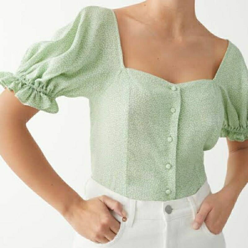 &OTHER STORIES GREEN FLOWER PUFF SLEEVE BLOUSE