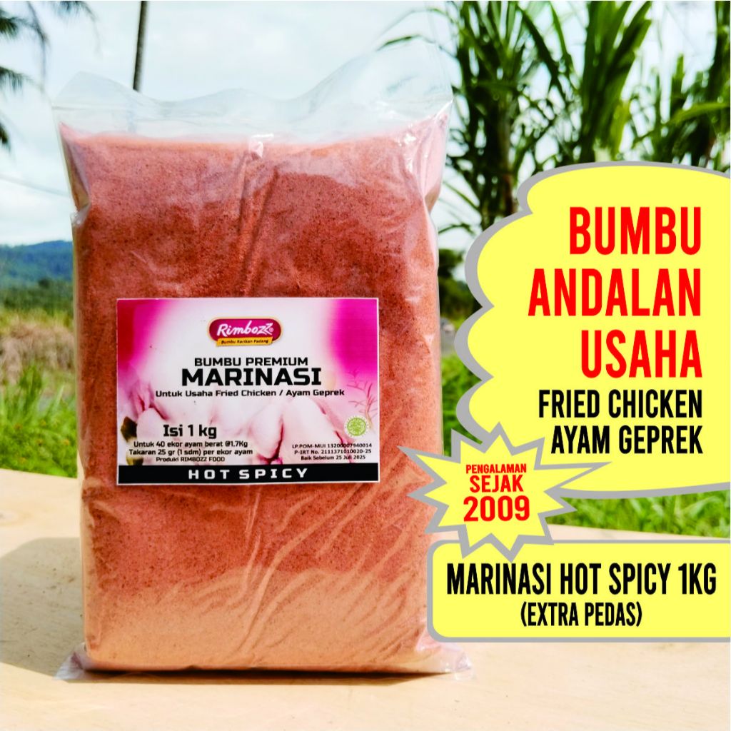 

Bumbu Marinasi Ayam Fried Chicken 1Kg HOT SPICY RIMBOZZ, Tepung Marinasi Ayam KFC Kualitas Resto