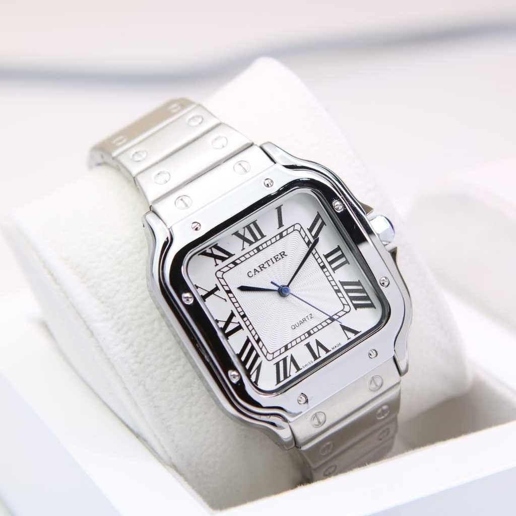 Jam Tangan Pria Wanita Analog Stainless Steel Cartier Rantai Mewah Elegan Grade Super