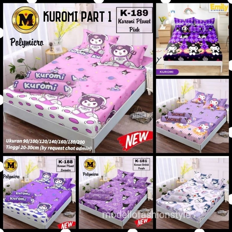 SPREI KARET KATUN PREMIUM 90/100/120/140/160/180/200 MOTIF MY KUROMI PURPLE PINK APEL LOVE PLANET UN