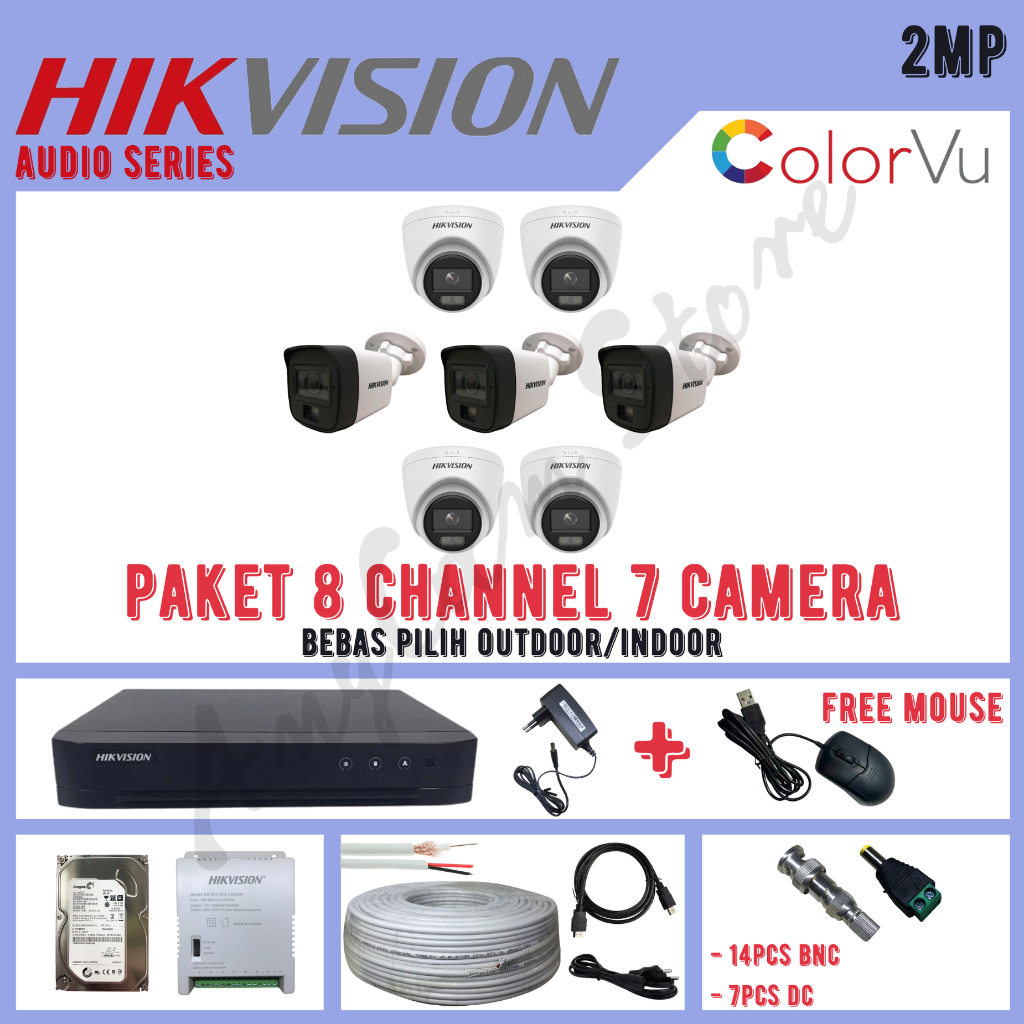 Paket CCTV Hikvision ColorVu 2MP 8 Channel 7 Kamera ColorVu Turbo HD 1080P Audio Series