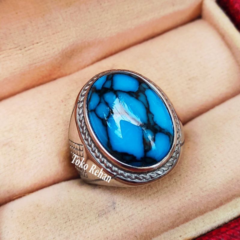 Cincin Batu Pirus Biru Serat Hitam Natural