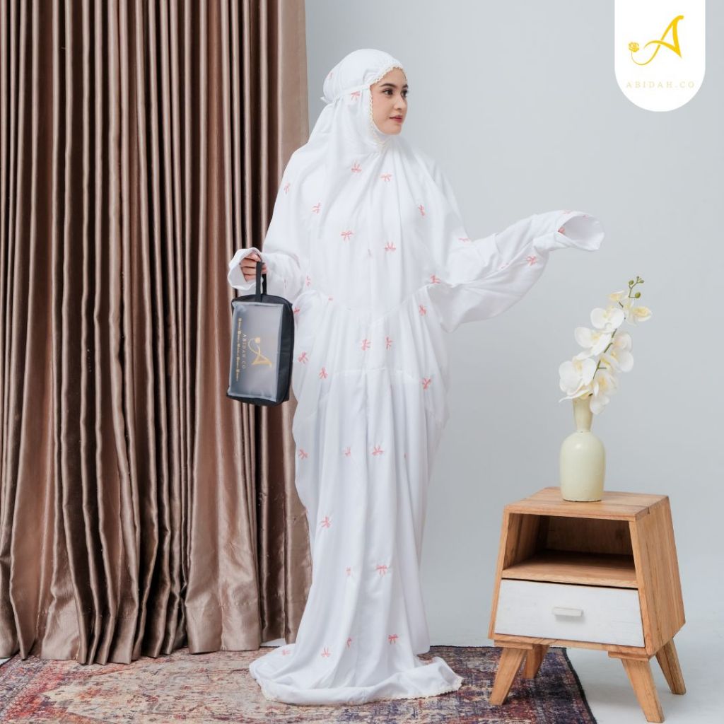 Abidah.co - (Free Tasbih Mutiara) Mukena Terusan Dewasa Bordir Coquette Ribbon Katun Premium Lembut