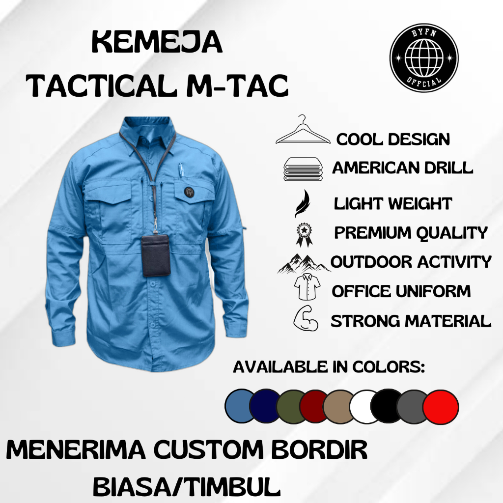 Kemeja Tactical Lapangan Lengan Panjang Pria Warna Biru Cerah Baju Seragam Kerja Kantor PDH Outdoor
