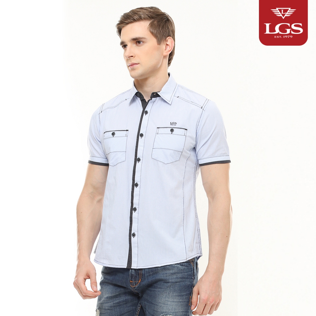 LGS - Kemeja Casual Pria Lengan Pendek Motif Garis Tipis Warna Biru Terang Slim Fit - JSH.391.S767F.