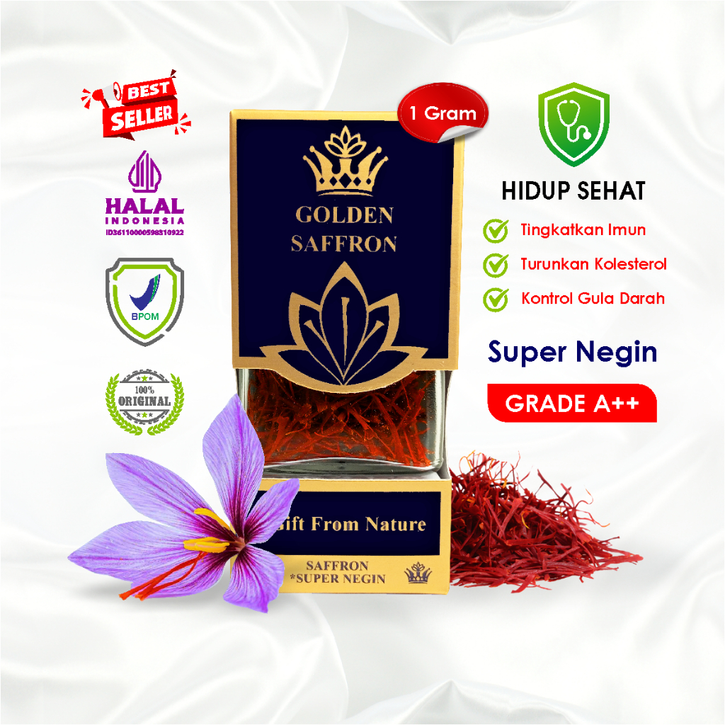 

Golden Saffron SUPER HEMAT Safron Super Negin ( Grade A++ ) 100% Original BPOM & HALAL Verified