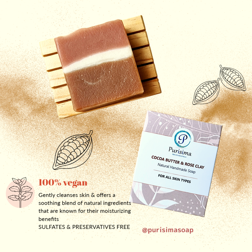 Sabun Mandi Natural Purisima Cocoa Butter & Rose Clay Handmade Soap Bar Melembabkan Kulit Kering