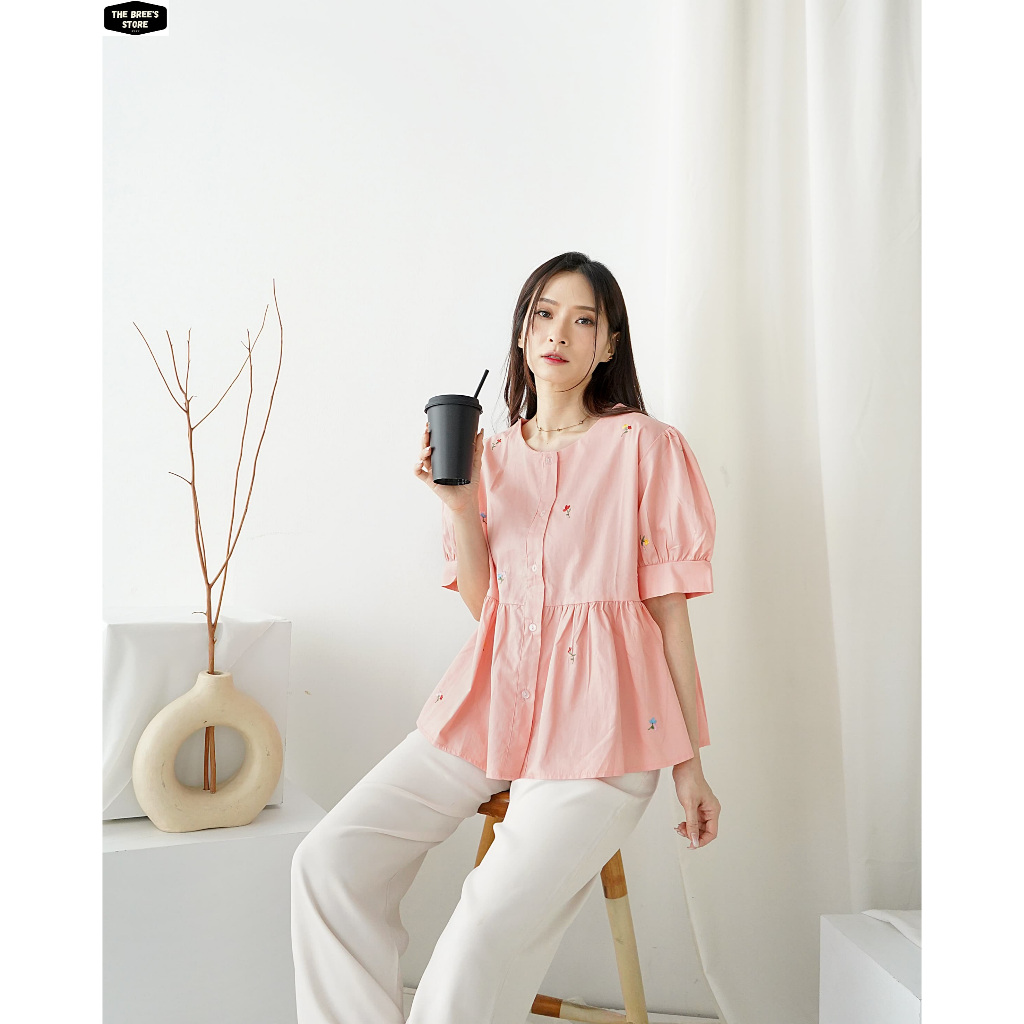 Blouse Atasan Kemeja Wanita Perempuan Korean Style Baby Doll Casual Emboss Warna Warni