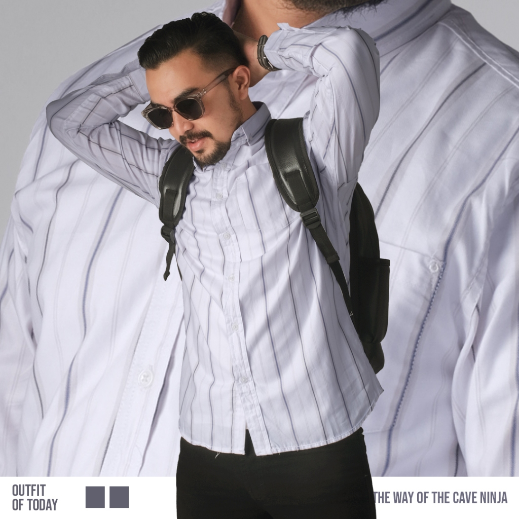 DGM Kemeja Pria Salur Lengan Panjang Premium Kemeja Stripe Pria Kemeja Garis Pria Slimfit Putih gari