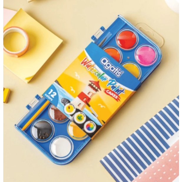 

AGATIS - watercolour paint cakes set 12 colours - cat air 12 warna - free brush - PC-C-1201-B