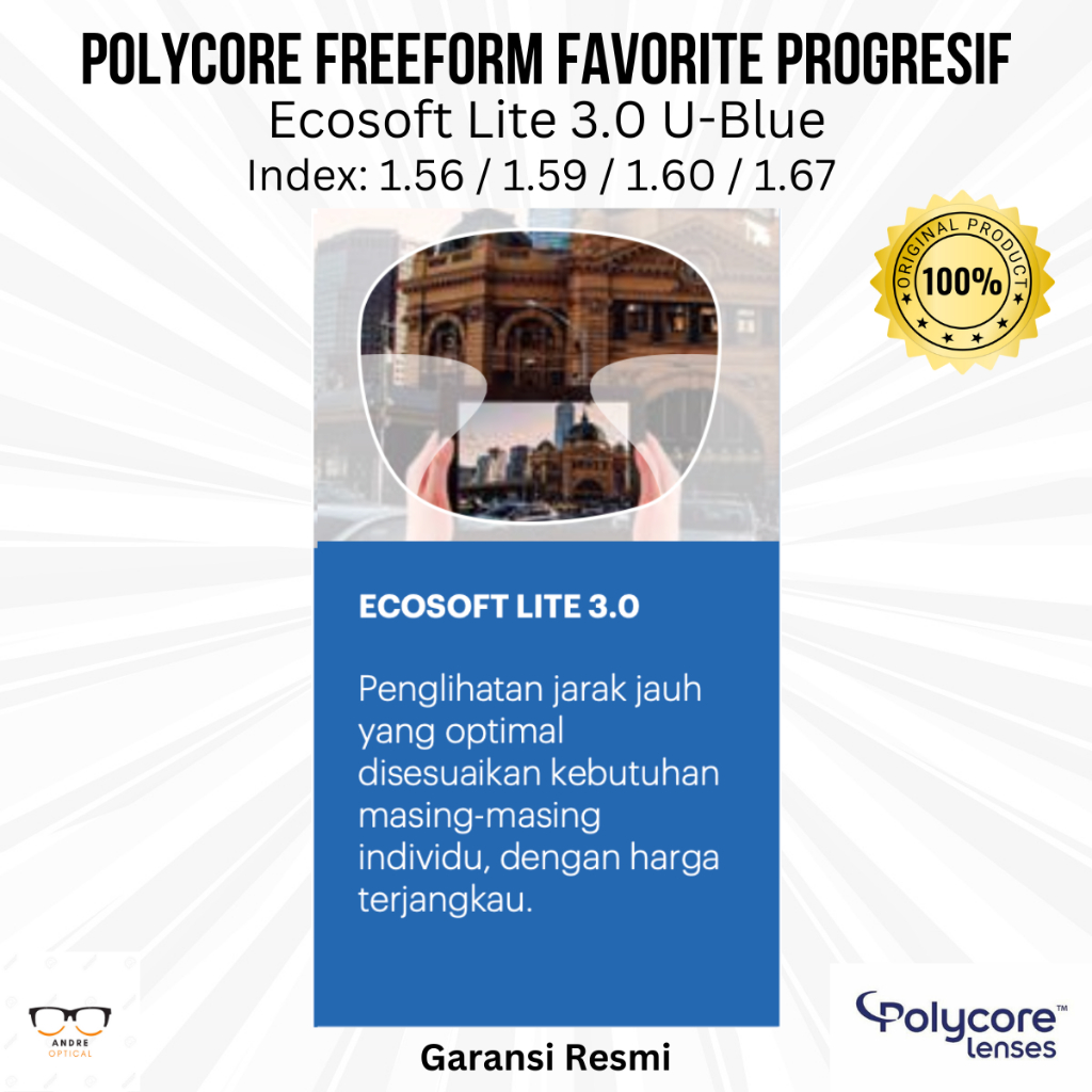 Lensa Kacamata Progresif Blueray Polycore Ecosoft Lite 3.0 U-Blue Original