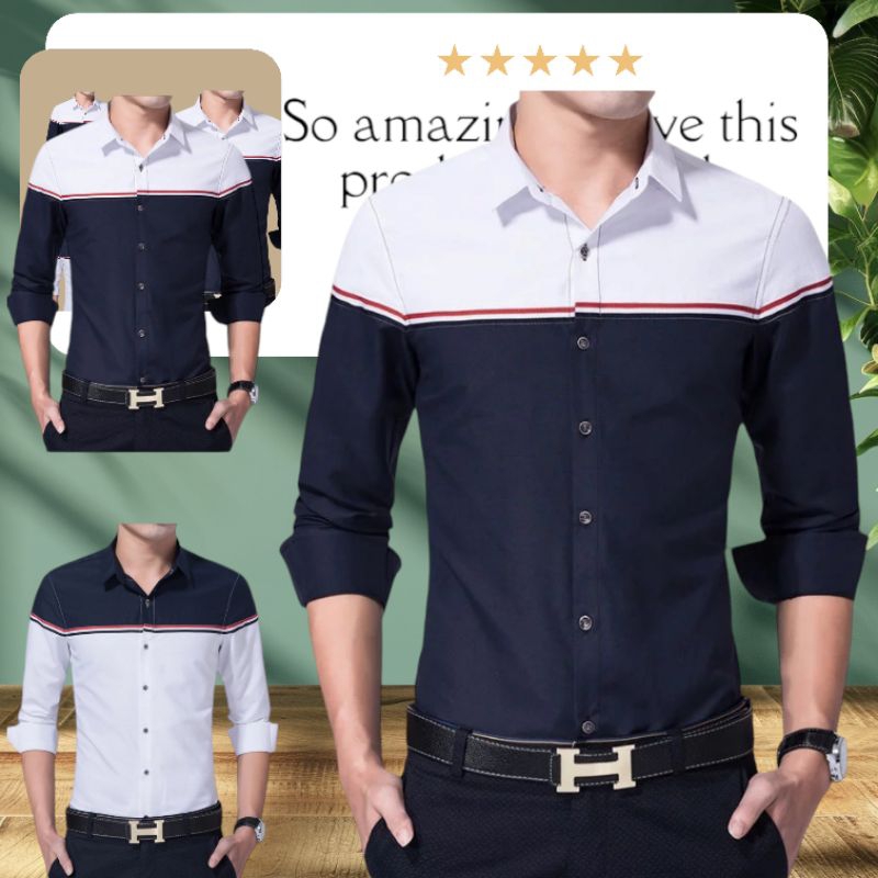 BISA COD KEMEJA TRENDY KOMBINASI LENGAN PANJANG WARNA PUTIH WHITE BIRU NAVY DONGKER BLUE PAKAIAN LEL