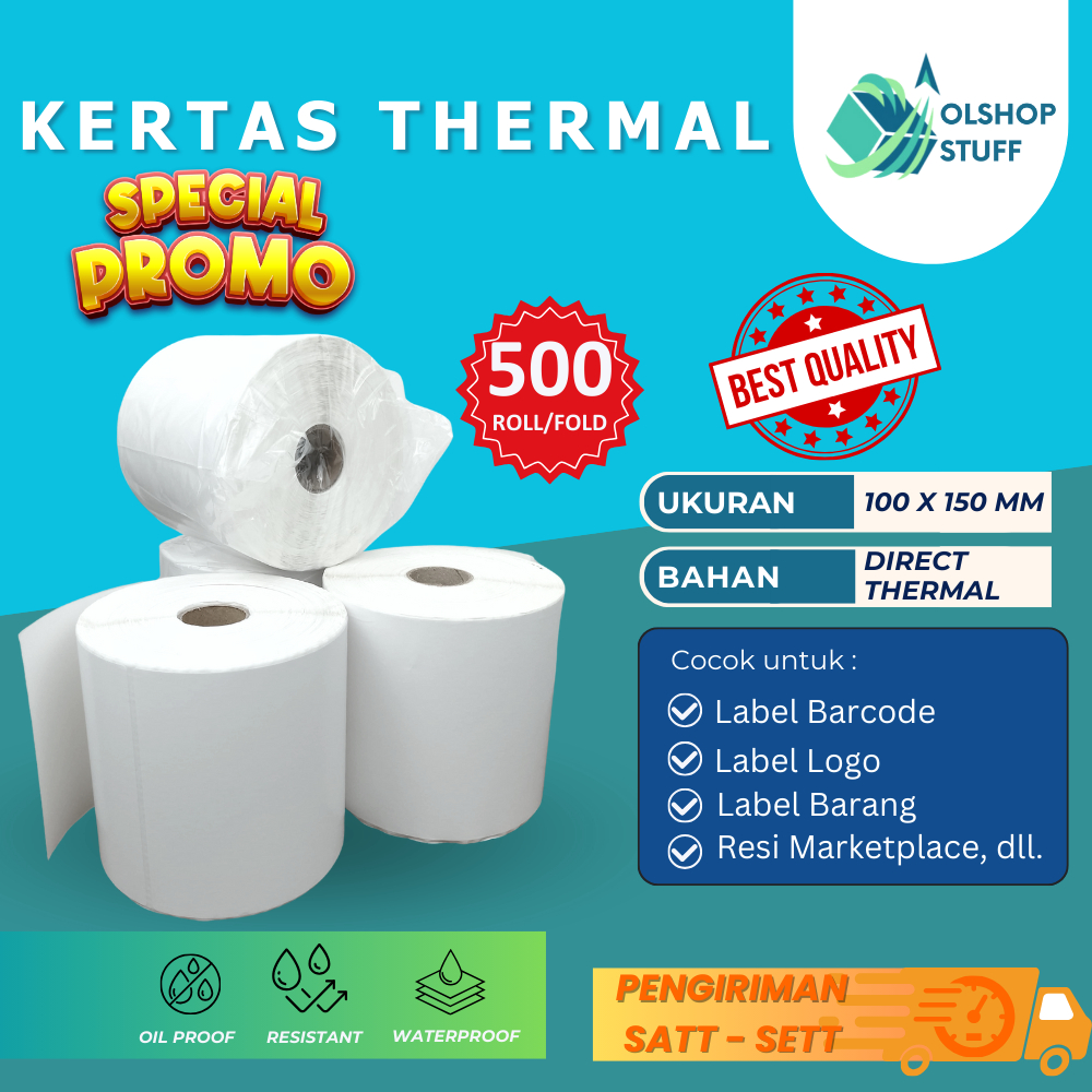 

KERTAS THERMAL LABEL STICKER 100X150 ISI 500 UK A6 RESI BARCODE