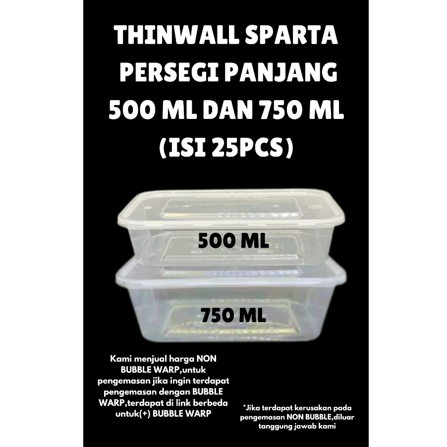 1 PAK isi 25pcs - Thinwall/Food Container Mangkok Bulat 200ml 300ml 400ml & Kotak Persegi 500ml 750m