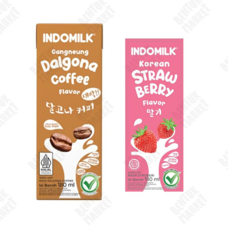 

INDOMILK KOREAN Susu UHT Dalgona Coffe 180ml / INDOMILK KOREAN Susu UHT Strawberry 180ml / Susu UHT