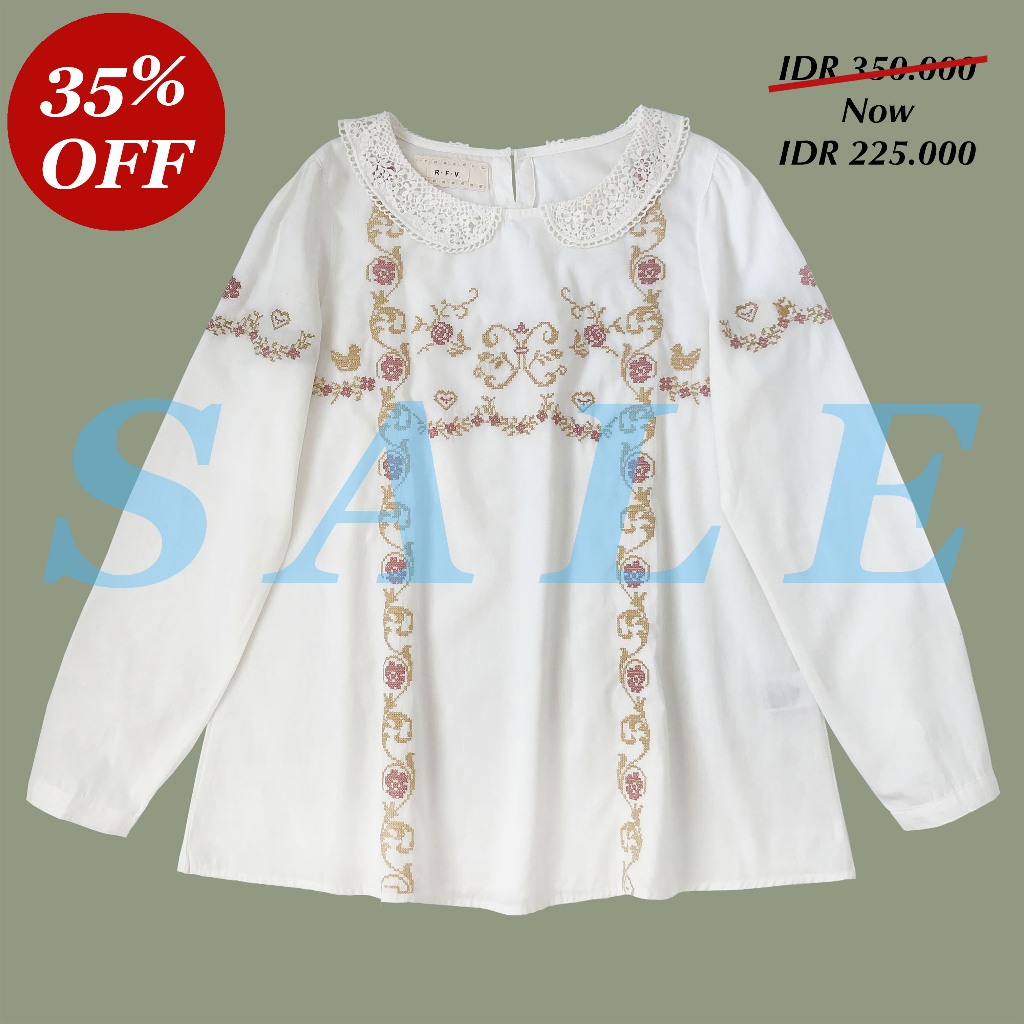 BLUS KEMEJA KATUN PUTIH GADING IVORY BORDIR KRUISTIK KERAH BULAT RENDA LENGAN PANJANG IMPORT ~ SALE
