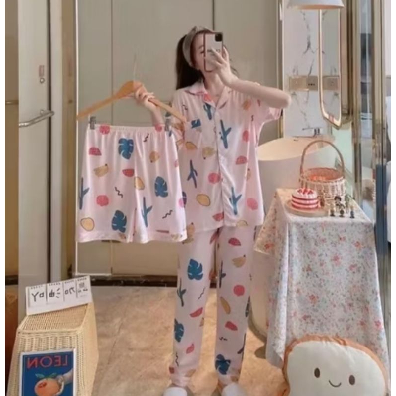 Piyama Import Premium Kaktus Pink 3in1 Dewasa
