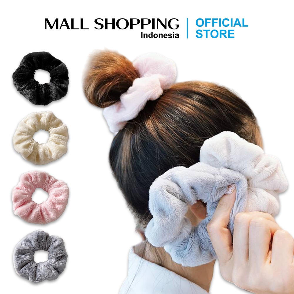 Ikat Rambut Scrunchie Korea Cepol Jilbab Lingkar Besar Bulu Lembut Korea Motif Polos MALLSHOPPING