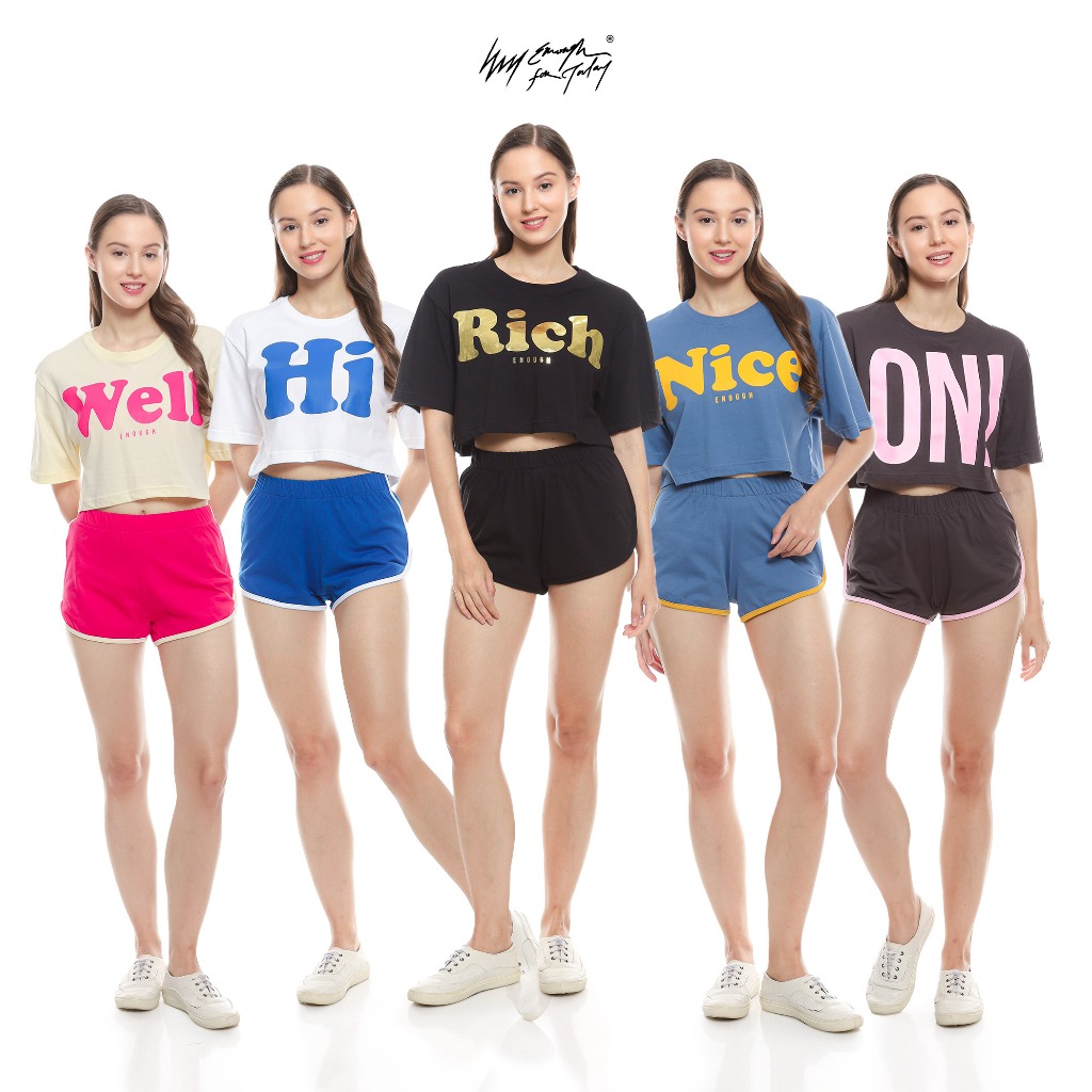 Enough For Today Setelan Baju Wanita One Set Kaos Crop dan Celana Pendek Gambar Sablon Katun