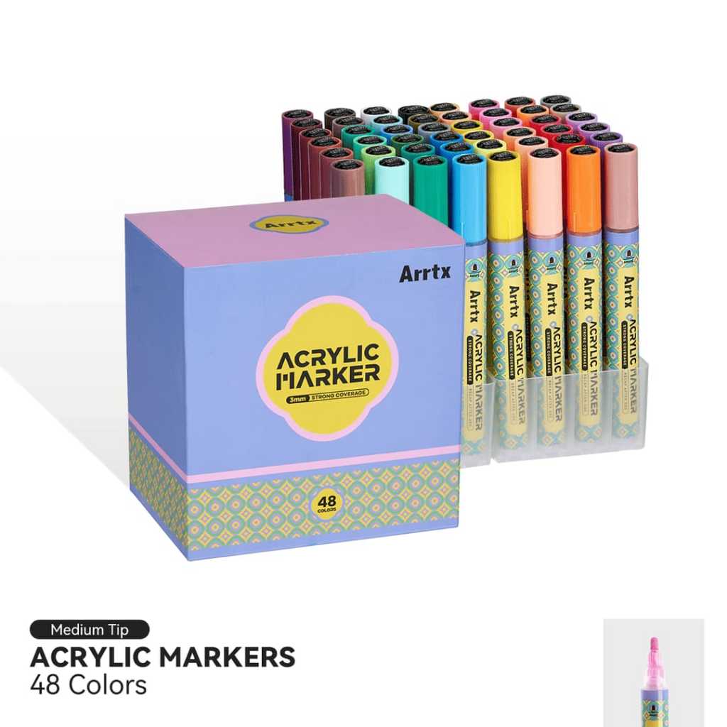 

Arrtx 48 Colors Acrylic Paint Markers 3mm Medium Tip Valve Design