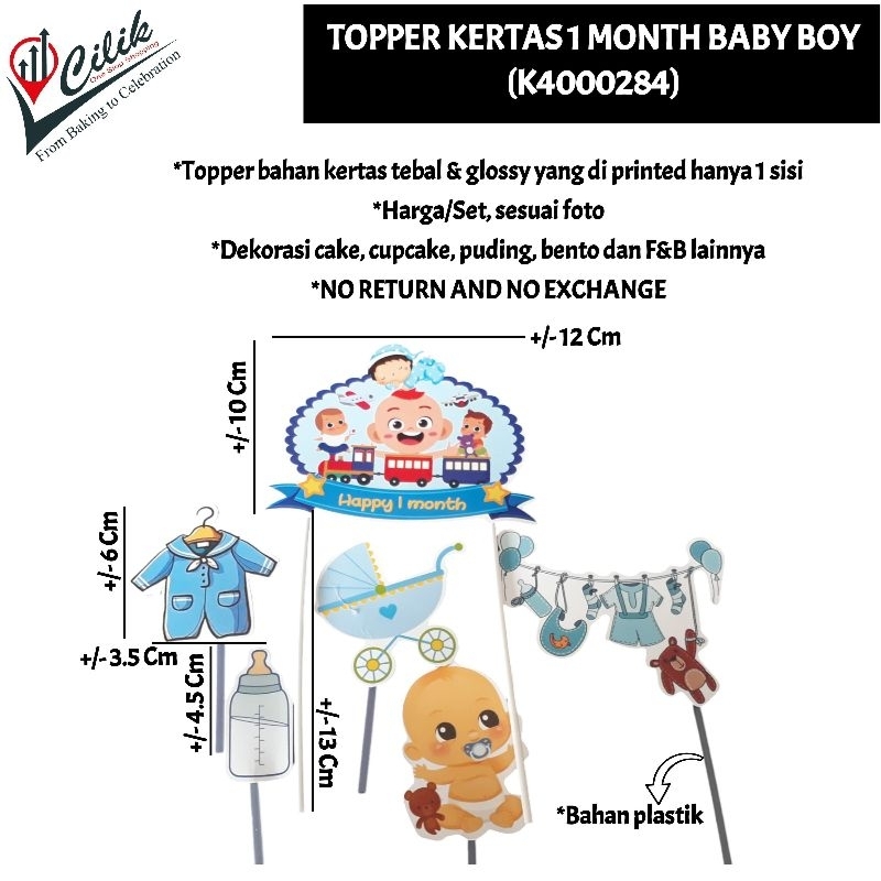 aksesoris+dekorasi+topper+tusuk+kertas+baby+bayi+one+1 bulan+month+girl+boy+anak+perempuan+laki+hias