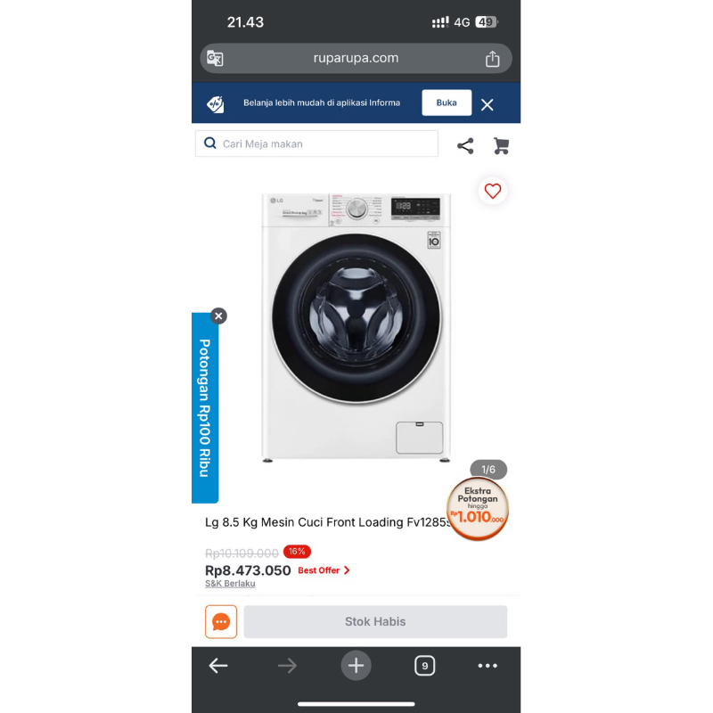 Mesin cuci 1 tabung Merek LG