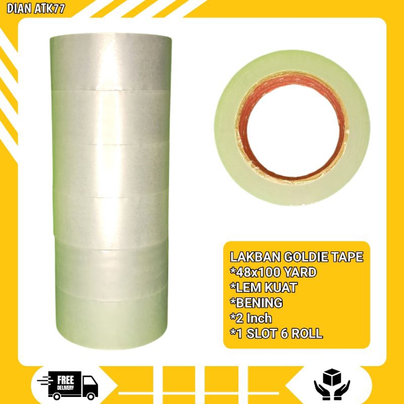 

LAKBAN OPP BENING GOLDIE TAPE 1 SLOP 6 ROLL 100 YARD / LAKBAN TRANSPARAN/ LAKBAN BENING/LAKBAN COKLAT