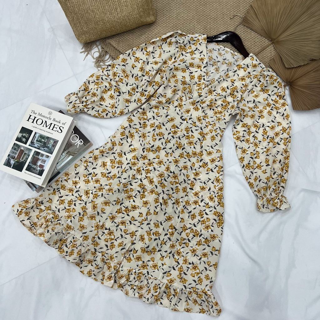 GDTIMA Dress Bunga Midi Dress Gaun Bermotif Bunga Dress Wanita Casual Dress Korea