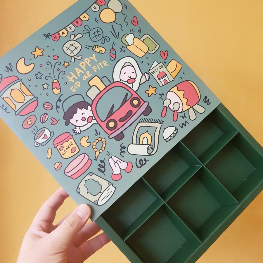 

5 Pcs Dus Idul Fitri Box Packaging Kue soes Sekat 9 Happy Eid Hijau Tua Ukuran 24 x 24 x 4.5 cm