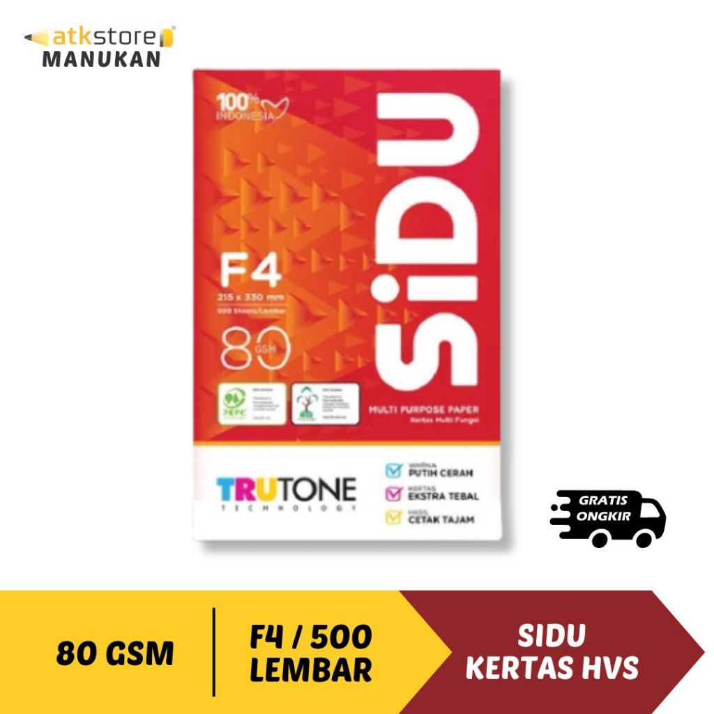 

SIDU KERTAS HVS UKURAN F4 1 RIM / 500 LEMBAR | 80 GSM | KERTAS HVS / FOTOCOPY