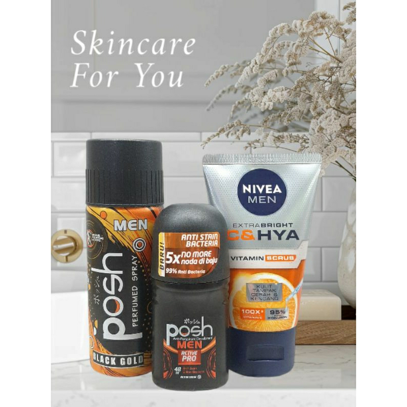 PAKET POSH MEN Anti-Perspurant Deodorant Active PRO| PERFUMED SPRAY BLACK GOLD & NIVEA MEN EXTRA BRI
