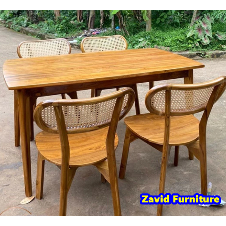 Set Kursi Makan Rotan Meja makan  4 kursi rotan kayu jati Meja makan kayu set 4 kursi rotan kayu jat