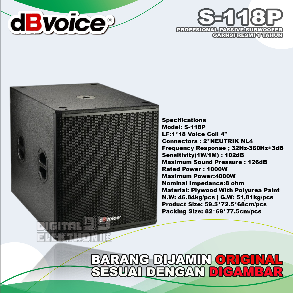 Speaker Subwoofer Pasif 18 Inch DB VOICE S118P | S 118P | S-118P Original