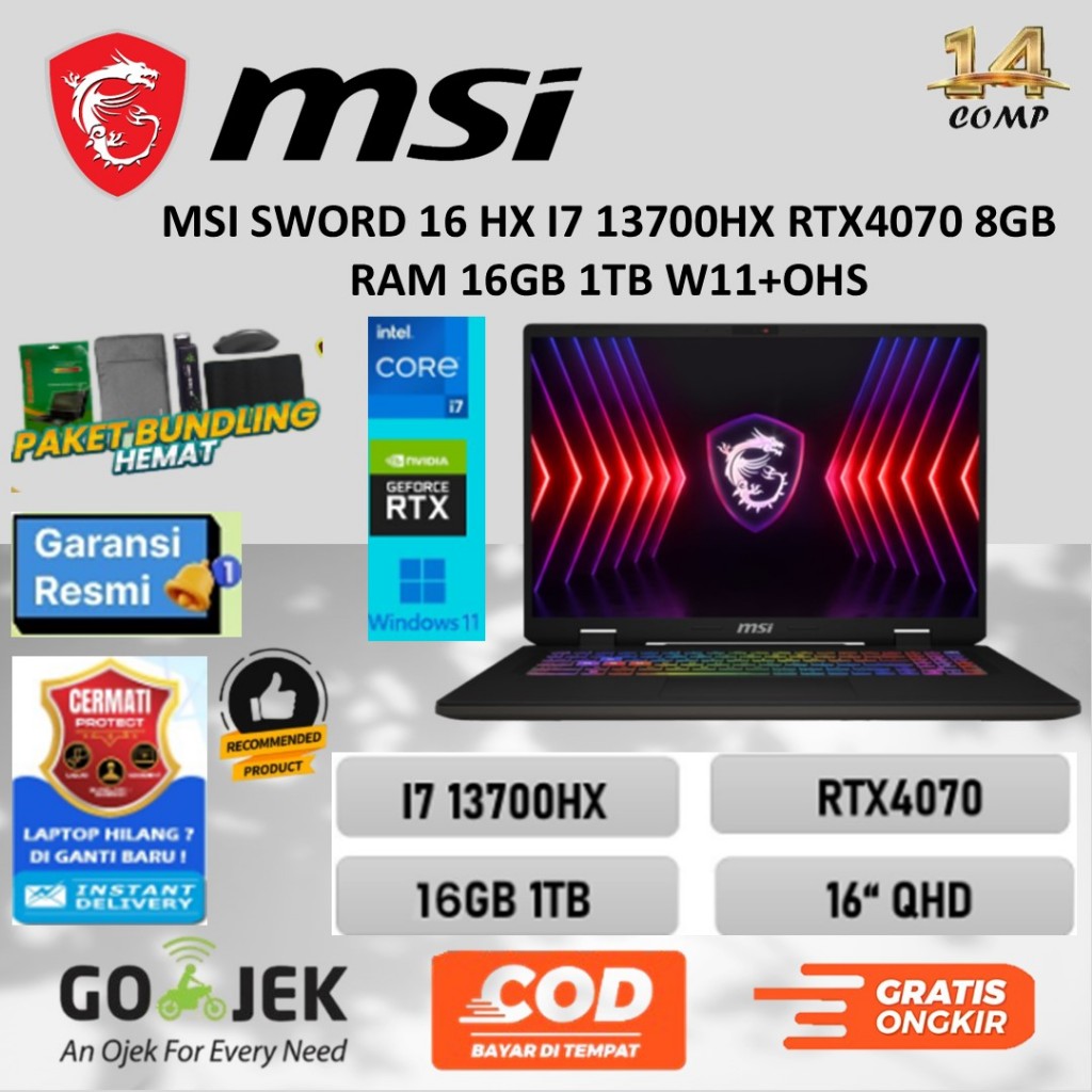 MSI SWORD 16 HX I7 13700HX RTX 4070 8GB RAM 16GB 1TB W11+OHS 16.0QHD 240HZ 100DCIP3 24ZRGB
