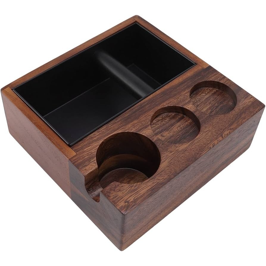 wooden acacia knock box storage coffee grounds set 4in1 / wadah ampas kopi kayu