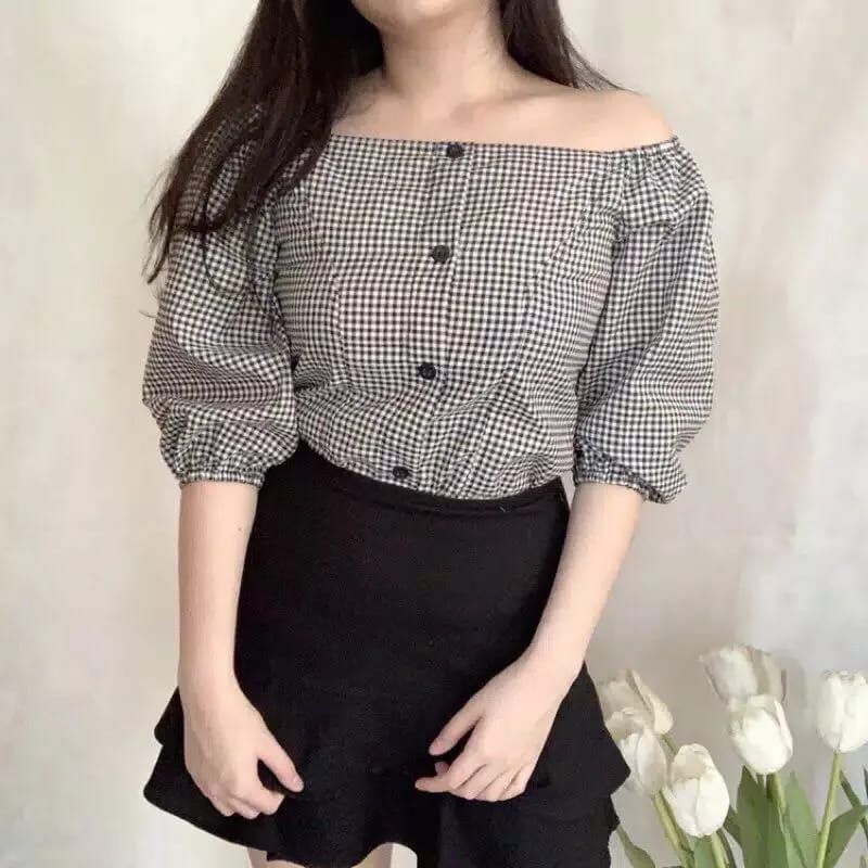 CARI COD BLOUSE QILA ATASAN WANITA SABRINA CASUAL SANTAI BAHAN KATUN MOTIF KOTAK KECIL BIG SIZE