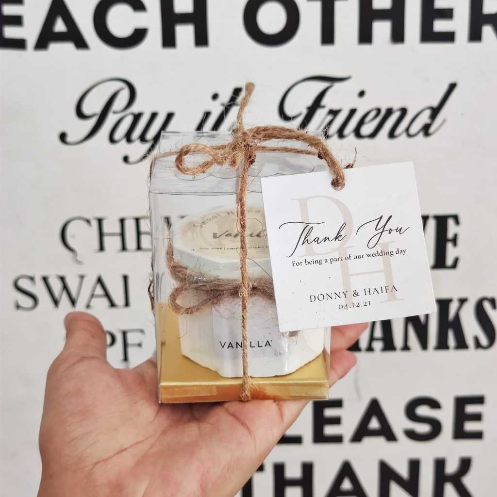 isi 50 pcs souvenir lilin aromaterapi 40 ml box mika + kartu ucapan