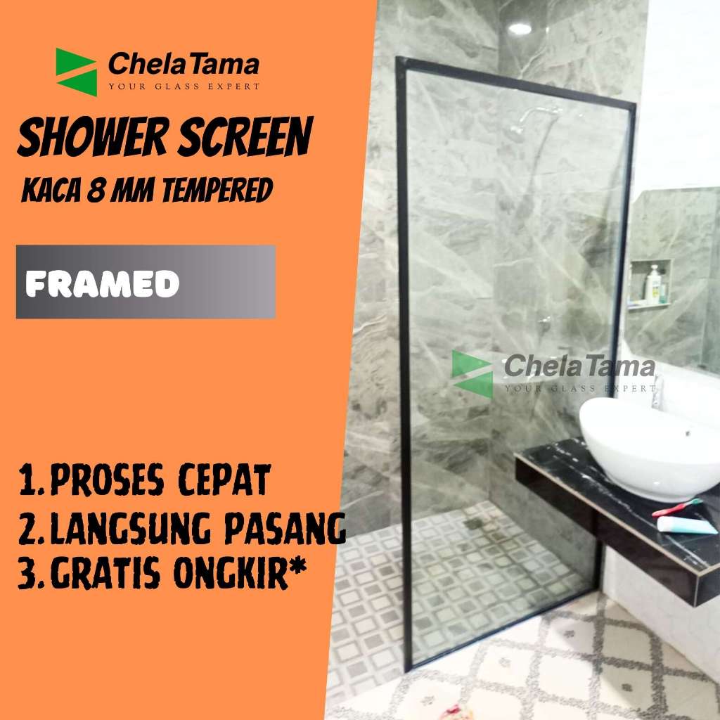 Sekat Shower Kamar Mandi Partisi Kaca Tempered Framed