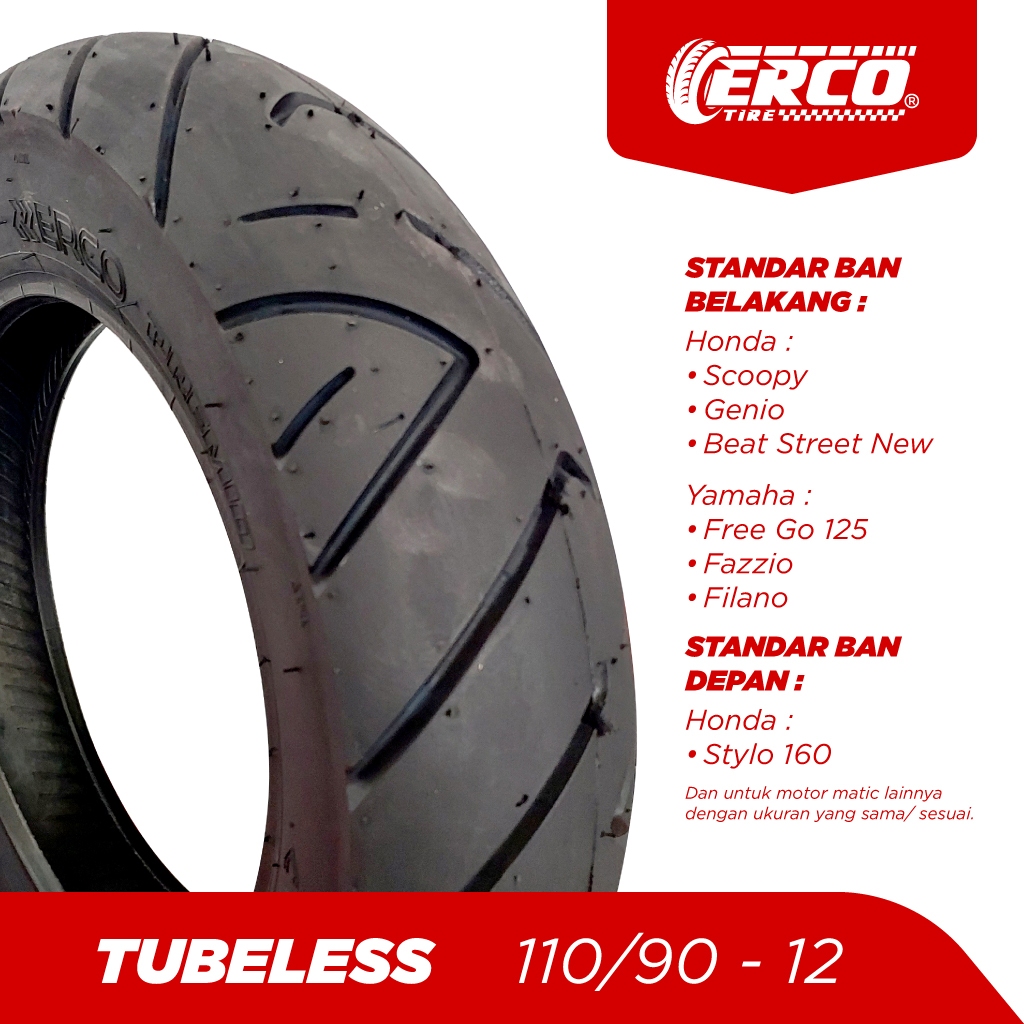 Ban Motor Matic R12 ERCO 110/90 - 12 TUBELESS, Standar ban belakang motor matic Honda : Scoopy, Geni