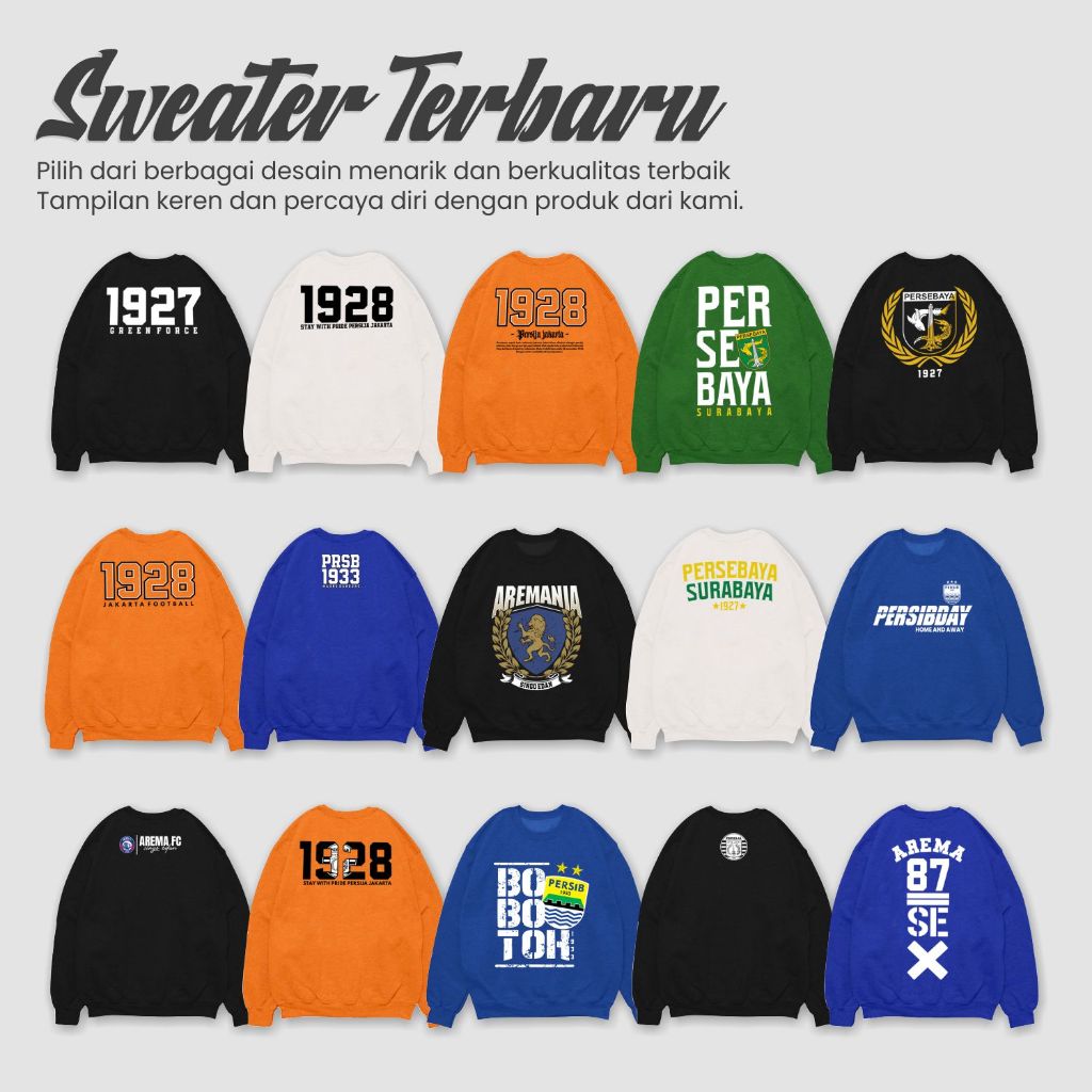 Switer Krunek / Sweater Crewneck Terbaru Unisex Bola Liga 1 Jakmania Bobotoh Bonek Aremania