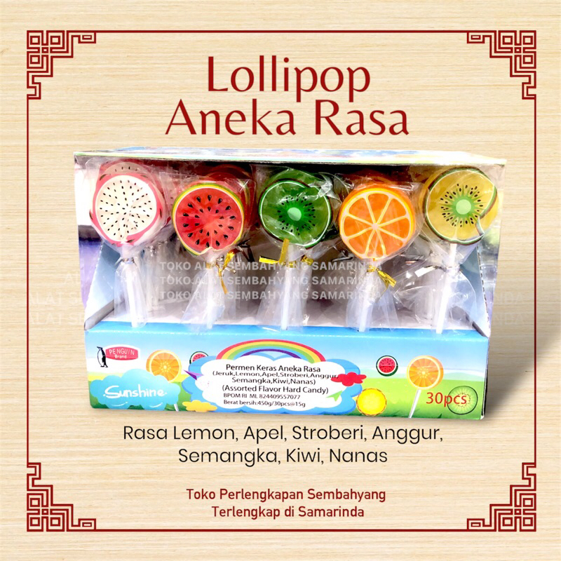 

Permen Keras Aneka Rasa isi 30 / Lollipop / Lolipop jeruk lemon apel stroberi nanas anggur semangka kiwi
