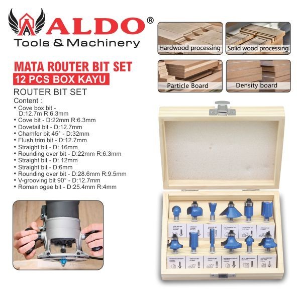 MATA ROUTER BIT SET 12 PCS BOX KAYU / ROUTER BIT SET / MATA PROFIL SET MERK ALDO
