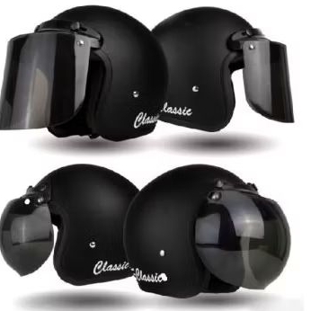 Helm Bogo Polos Classic Dewasa HITAM DOF Kaca Datar / Kaca Cembung Hitam Bening Untuk Pria Dan Wanit